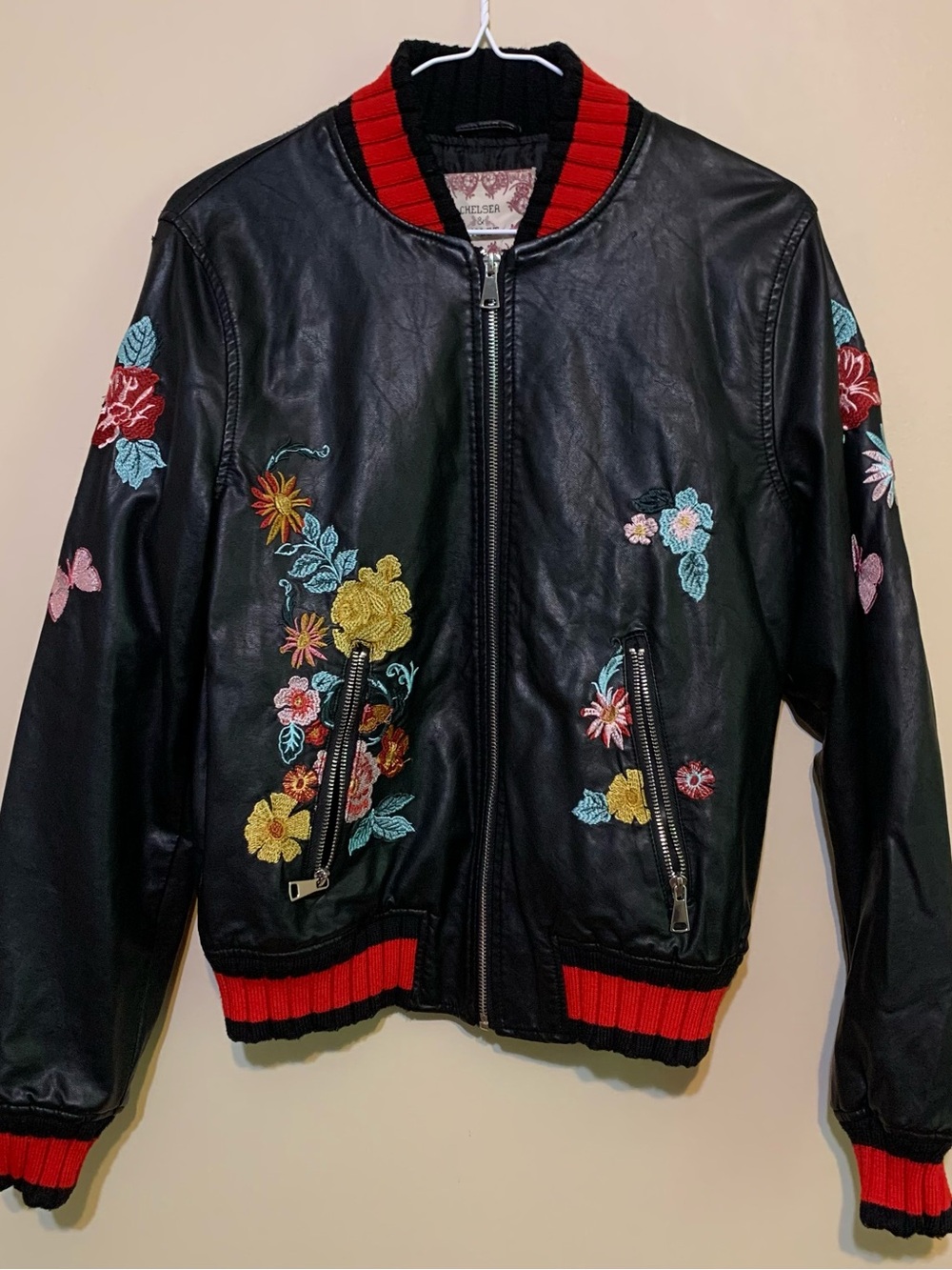 Bomber Jacket Black Red Floral Faux Leather Pockets by Chelsea and Violet